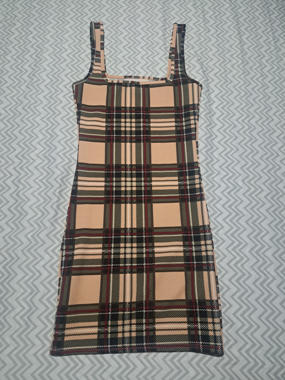 Beige Plaid Square-Neck Mini Dress